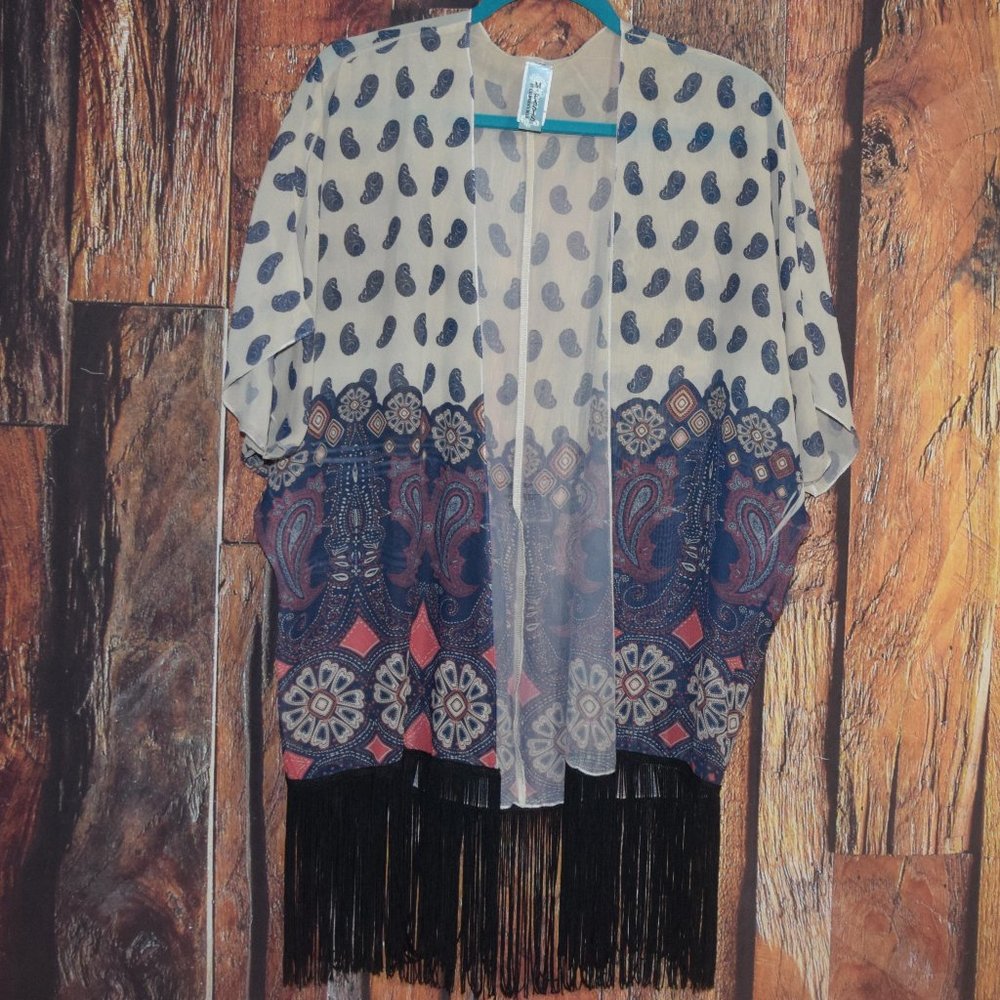 M FASIS By CALIFORNIA BLUE Women's Sz M Fringed Sheer KAFTAN KIMONO CARDIGAN